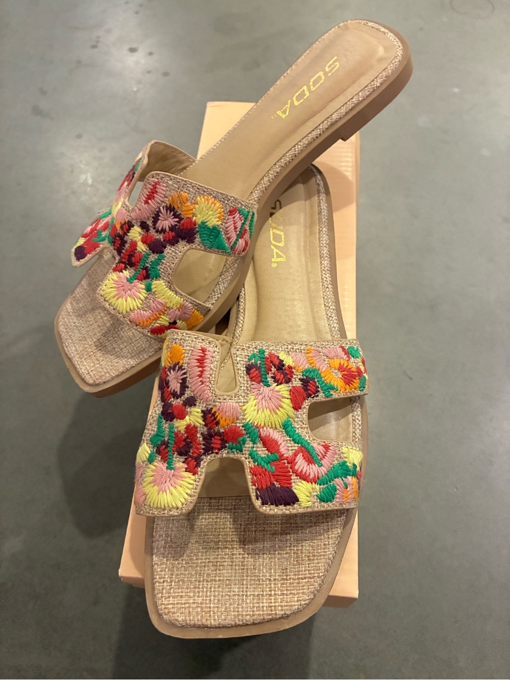 Soda Tan Slide Mules with Multicolor Floral Embroidery